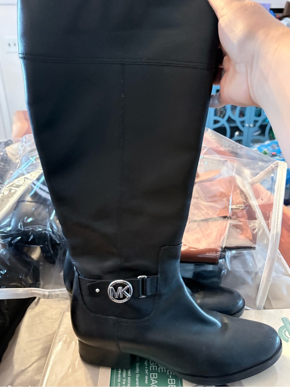 Michael Kors Black Leather Knee-High Riding Boots with MK Logo